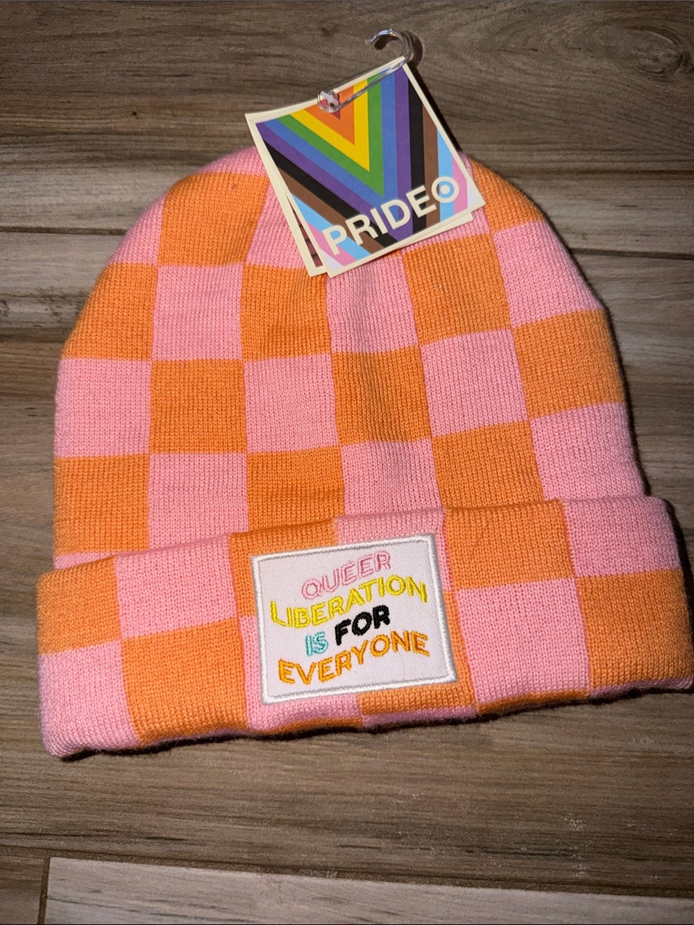 Checkerboard Pink & Orange Beanie - Pride Patch NWT